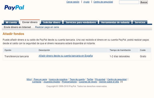 Main screen of the option to add funds to the PayPal account