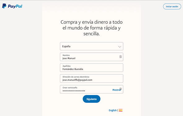 Registration form to create a PayPal account.