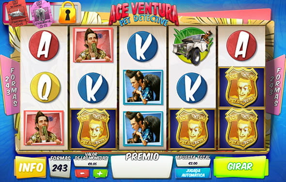 The game screen of the Ace Ventura slot from Playtech. Several random symbols are seen scattered across the reels.