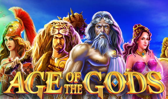 The image shows the main protagonists of the Age of the Gods slot.