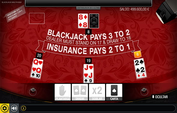 Screen during a VIP multi-hand blackjack game at one of the casinos with Gaming1.