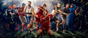 Group of various sportsmen celebrating online.