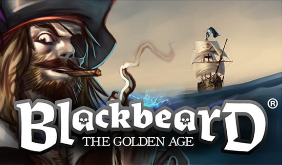 Cover of the slot Blackbeard: The Golden Age. The pirate protagonist of the machine appears along with a ship and the title of the machine.