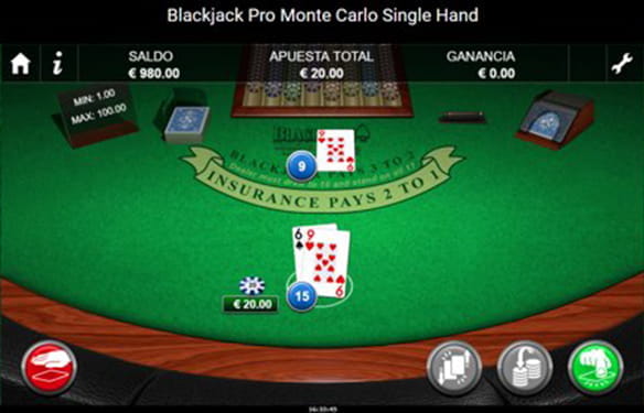 Blackjack table on which there is only one bet of the player, since there is no possibility to make more. The amount wagered is 20 euros. His hand adds up to 15. The dealer has only one card, which is the 9 of hearts.