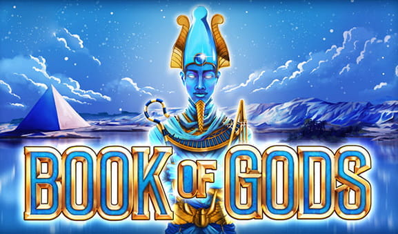 Cover of the Book of Gods slot in which an Egyptian god in the manner of Akhenaten is shown on a pale blue landscape with a pyramid in the background.