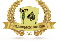 A golden laurel wreath with a pair of cards, the ace and the J of spades in the middle. At the bottom of the cards and from side to side of the crown there is a sign in English that reads Blackjack Online.