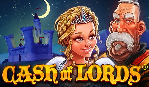 Cover of the Cash of Lords slot. The protagonists queen and king appear along with the name of the machine in yellow.