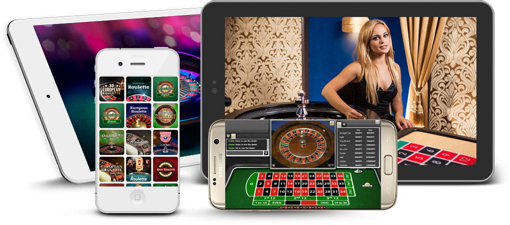 You can see mobile devices that show various online roulette variants.