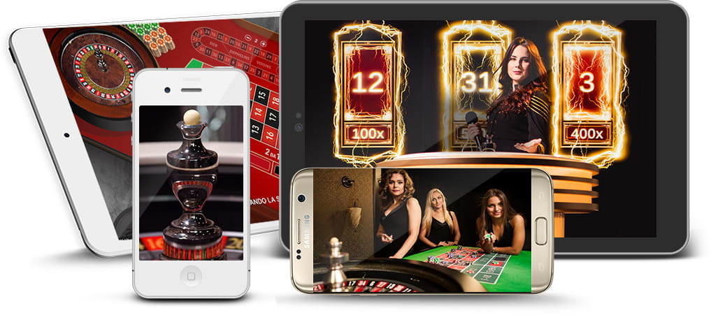 Various phones and tablets with Evolution Gaming games for mobile casinos.