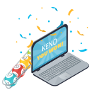 Keno balls next to a laptop.