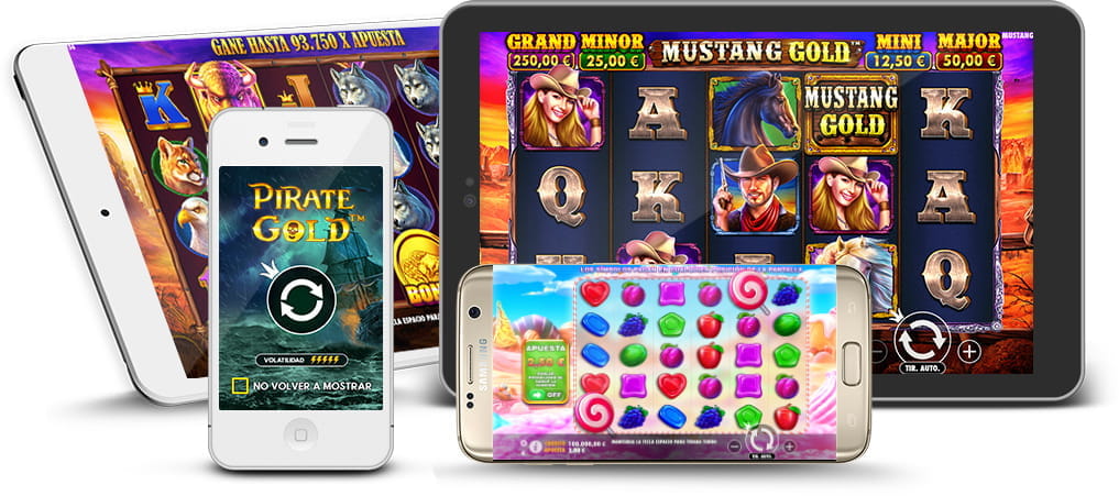 Various mobiles and tablets with Pragmatic Play games on the screens.