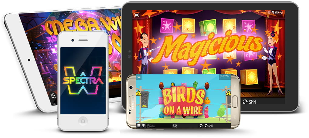 Various mobile devices with Thunderkick slots on the screen.