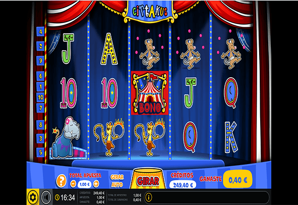 Screen of the Cirtakus slot from Gaming1 with some of its main symbols on its five reels.