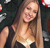 Close-up of a croupier smiling at the camera on a background with casino chips in the air.