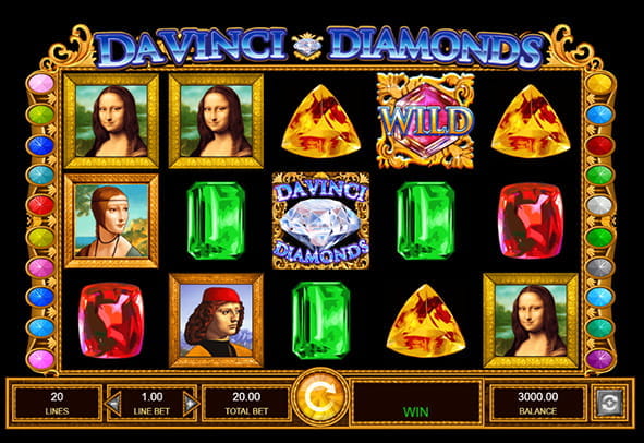 Play the Da Vinci Diamons online slot. At the bottom of the screen you can see the navigation bar. The center is occupied by its different symbols: yellow, green and red diamonds in addition to other symbols representing various paintings by Leonardo Da Vinci. The main symbol of the slot, a large white diamond, is also displayed.