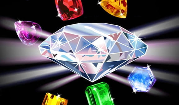Cover of the IGT Da Vince Diamonds slot with lots of diamonds of various colors.