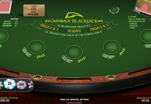 Playtech Cashback Blackjack game board.