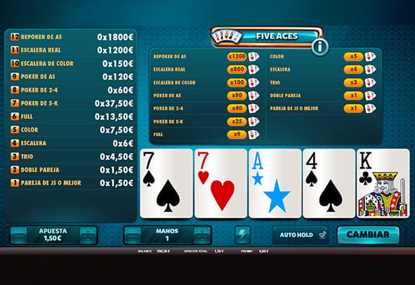 Main board of the video poker Five Aces.