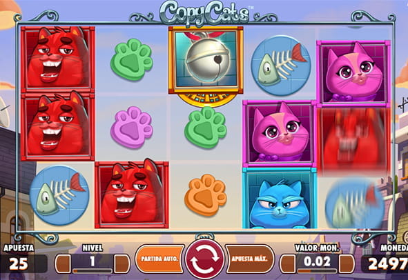 Preview image of the Copy Cats slot and a Play Now button to try the demo version.