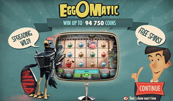 Cover of the Eggomatic game with a robot bird next to a retro TV..