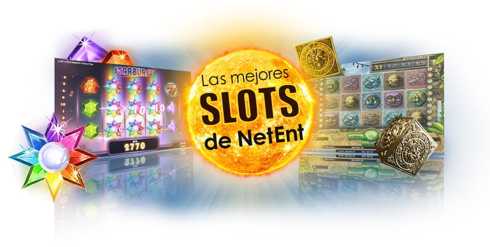 Collage with Starburst and Gonzo s Quest screens and a fireball on which the best NetEnt slots are read.