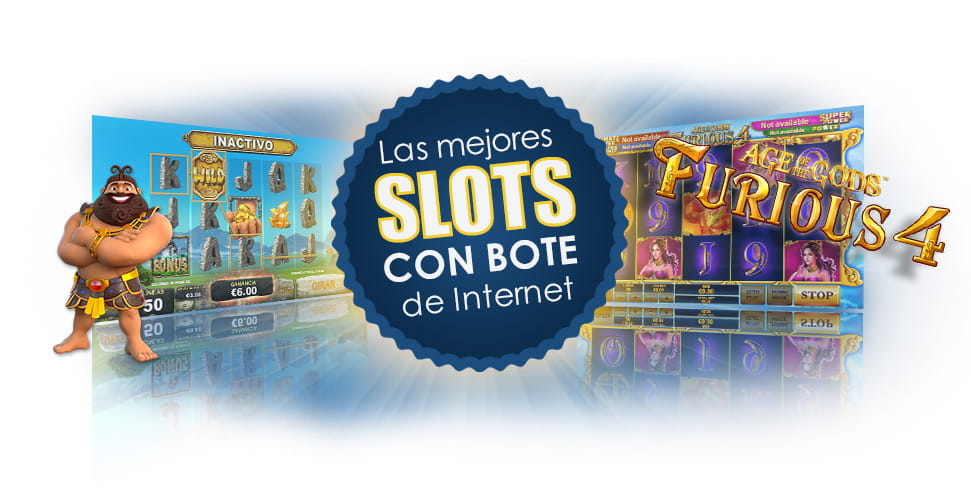 Collage with a game of the Jackpot Giant slot on the left and its friendly protagonist, and another of Age of God Furious 4 on the right. In the center of the image you can read the best slots with jackpot on the internet.
