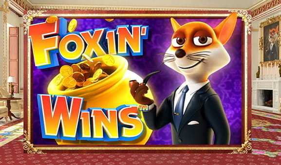 Cover of the Foxin' Wins online slot from NextGen Gaming with its protagonist smoking a pipe and next to an image of a cauldron full of gold coins.