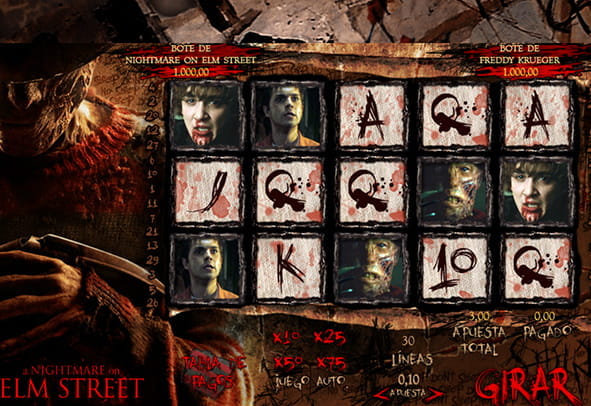 Play the Nightmare on Elm Street slot with five reels and three rows.