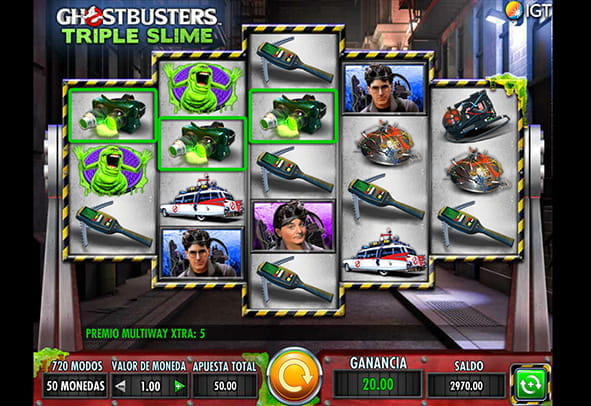 The front of the IGT Ghostbusters Triple Slime slot with its five reels and rows on which the characters from the Ghostbusters movie appear as symbols.
