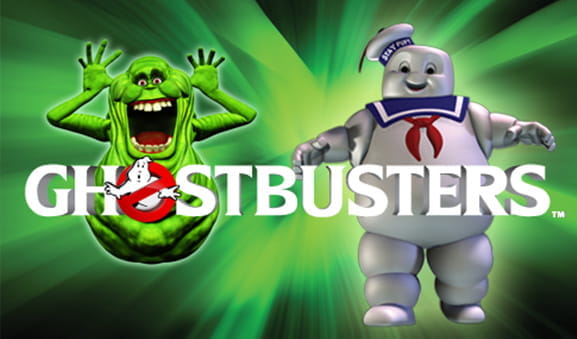 Cover of the IGT Ghostbusters Triple Slime slot with the name of the title, Moquete and the Marshmallow Man.
