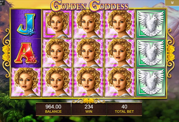 Golden Goddess slot game screen. The feature of stacked symbols with 6 figures of the blonde goddess together is shown.