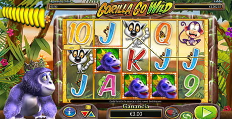 Gorilla Go Wild slot game screen with its five reels, three rows, and the gorilla character accompanying the players on the spins.