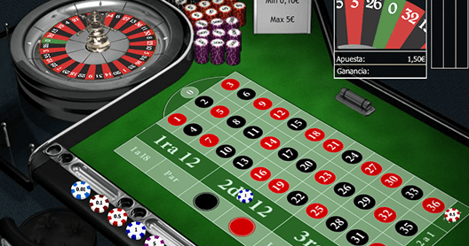 Table of an online European roulette. At the top left you can see the roulette cylinder and in the center the betting table. A screen on the right will show you the winning numbers.