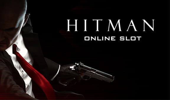 Logo of the Hitman slot game with the contrasting protagonist holding a weapon.