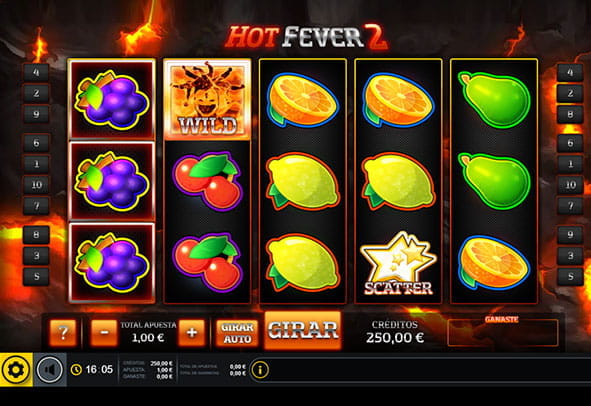Board with the five reels and three rows of the Hot Fever 2 slot for online casinos.
