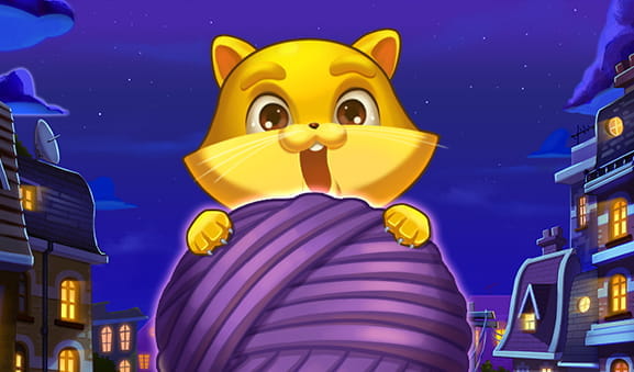 Welcome image of the Copy Cats slot in which a golden kitten is hidden behind a ball of purple wool.