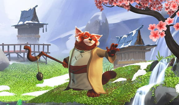 Presentation image of The Legend of Shangri-La slot. A red panda is seen, the protagonist, dressed in Tibetan clothes and a staff in his hand. In the background, old houses of typical Asian construction and a cherry tree with pink flowers in the upper right corner.