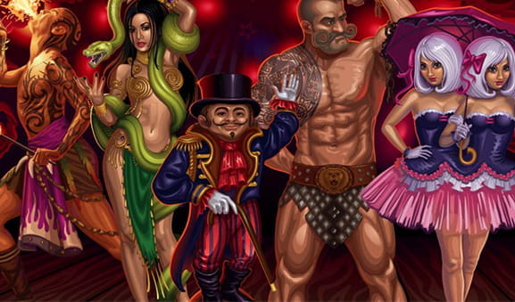 Presentation image of The Twisted Circus slot in which you can also see some of the characters of the game: the track director in the middle, to his right a forced and the conjoined twins, and to his left a fire spitter and a woman with snakes.