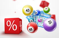 Two dice with percentage signs surrounded by bingo balls and game chips.