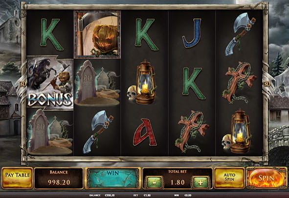 Jack O'Lantern vs The Headless Horseman slot game from Red Rake. The bonus symbol appears next to the traditional A, K or J.