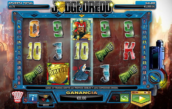 The Judge Dredd slot from NextGen Gaming with its five reels and three rows.
