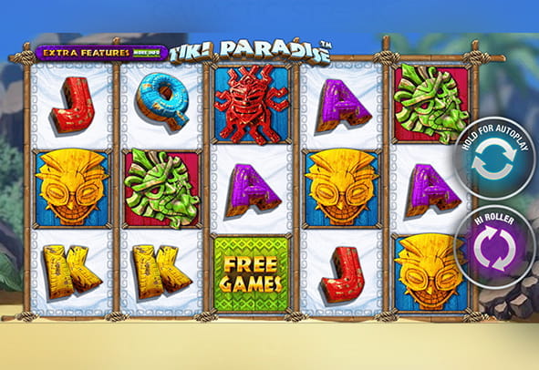 Tiki Paradise slot board with 5 reels and 3 rows.