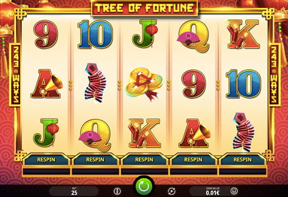 Tree of Fortune slot board with its 5 reels and 3 rows.