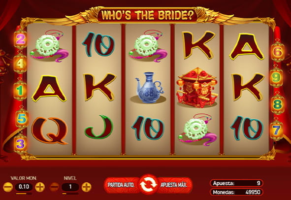 The Who's the Bride slot board with its five reels and three rows for online casinos.