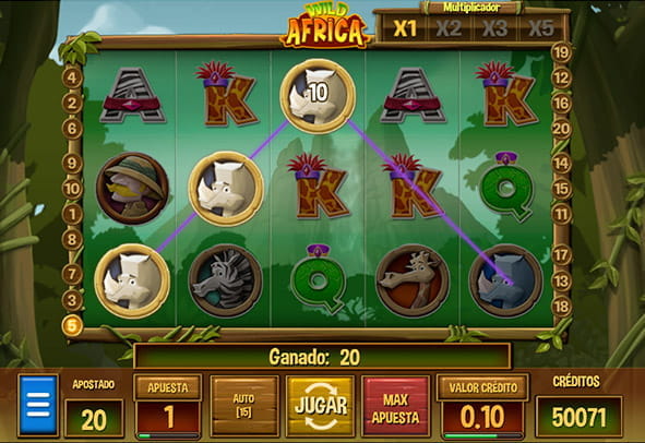 The five reels of the Wild Africa slot with a winning combination during a test match.