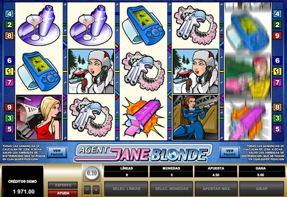 Agent Jane Blonde slot preview image and a Play Now button to try the demo version.