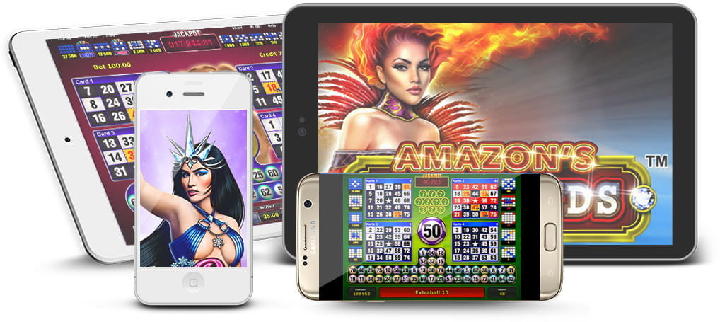 Various phones and tablets with Novomatic casino slots.