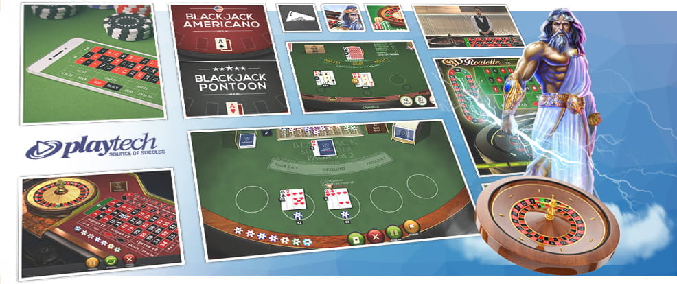 A collage of images from various Playtech games. Among them are several blackjack and roulette modes, including a live and 3D mode.