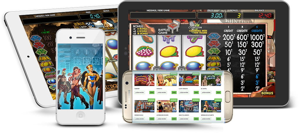 You can see various mobile devices, phones and tablets, with different casino games from the Spanish provider MGA.