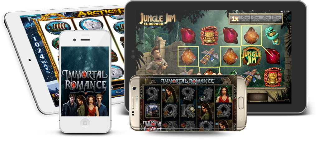 Various mobile devices on the screens of which games from the provider Microgaming can be viewed.